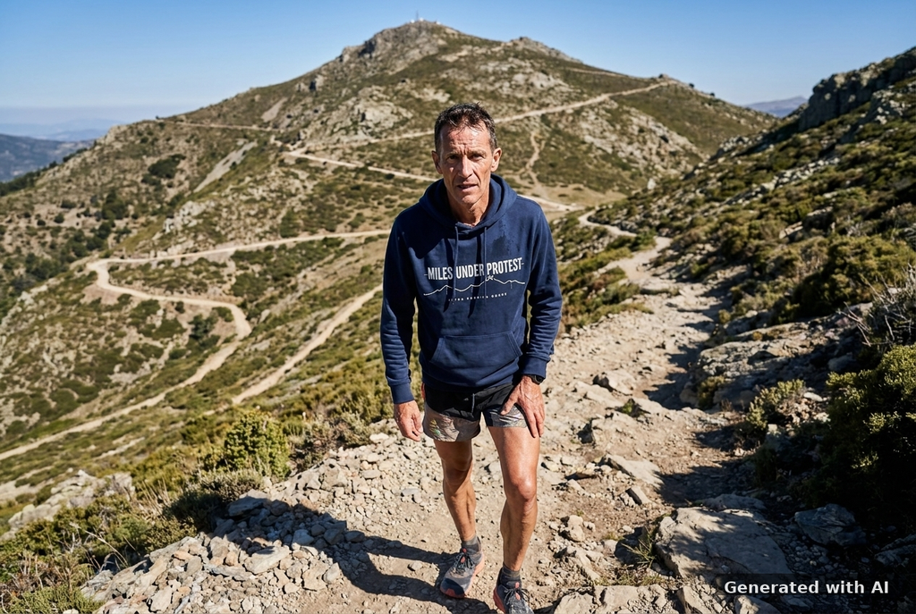 MILES UNDER PROTEST Organic Trail Running Hoodie – White Print - Trail Mockup (Front) [French Navy]