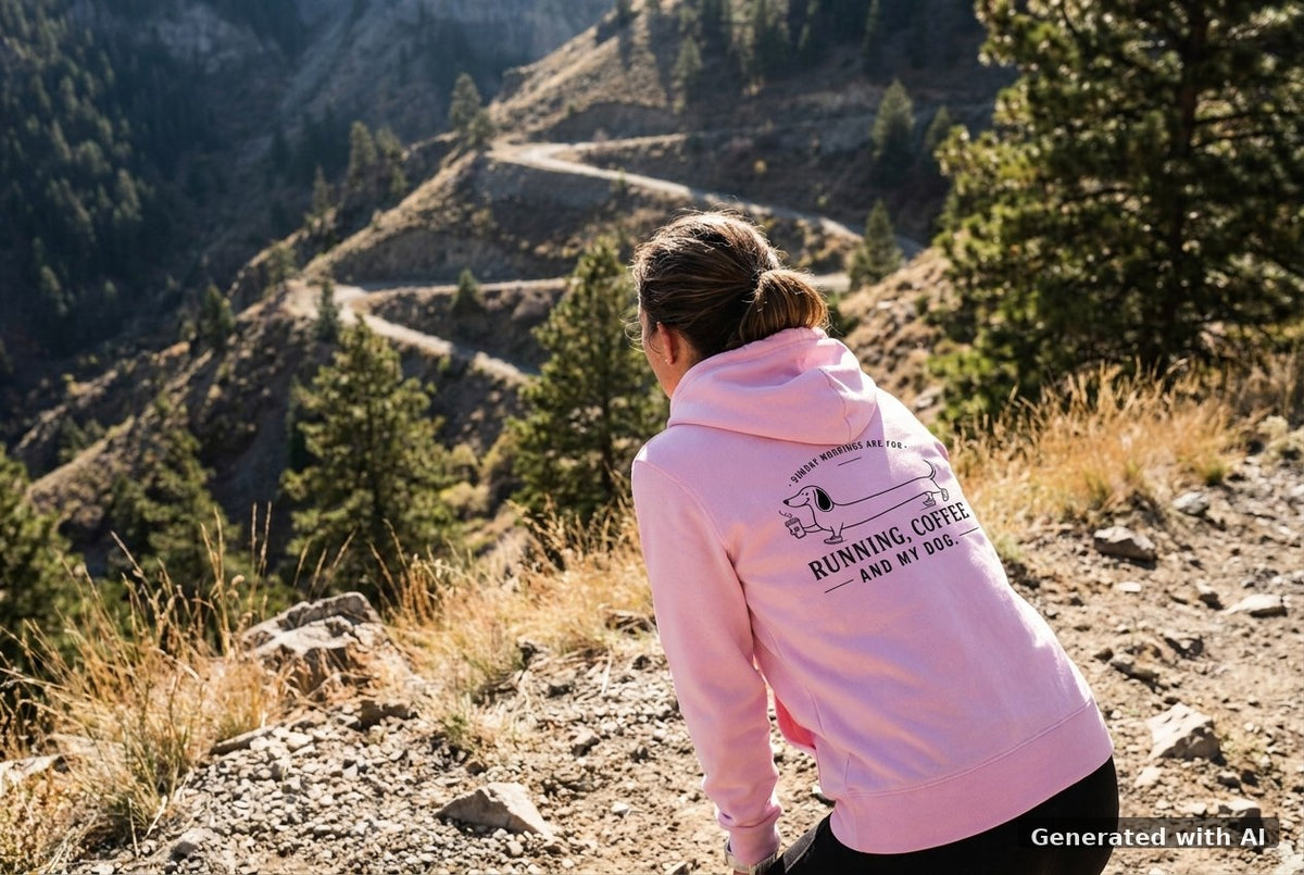 DOGS. COFFEE. RUNNING Hoodie – Organic Trail Running Hoodie (Black Print) - Trail Mockup (Back) [Lilac Dream]