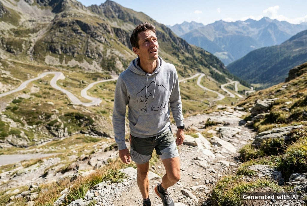 DOGS. COFFEE. RUNNING Hoodie – Organic Trail Running Hoodie (Black Print) - Trail Mockup (Front) [Mid Heather Grey]