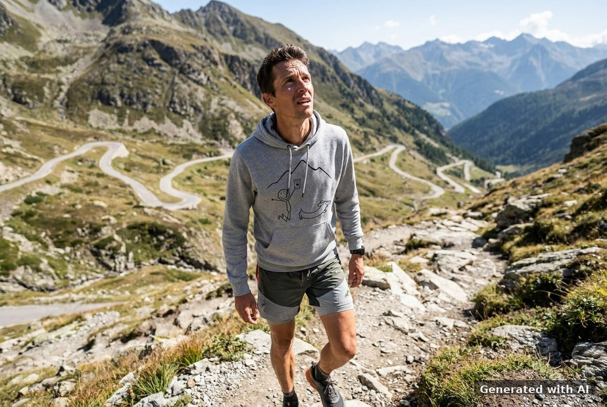 DOGS. COFFEE. RUNNING Hoodie – Organic Trail Running Hoodie (Black Print) - Trail Mockup (Front) [Mid Heather Grey]