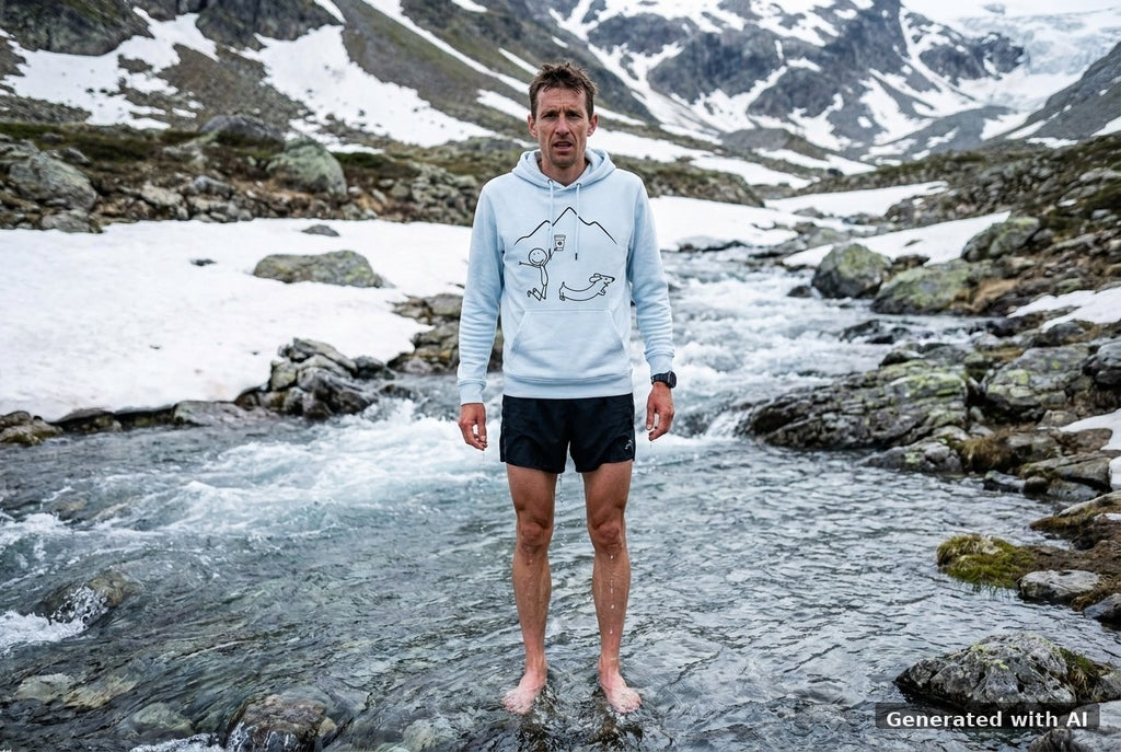 DOGS. COFFEE. RUNNING Hoodie – Organic Trail Running Hoodie (Black Print) - Trail Mockup (Front) [Blue Ice]