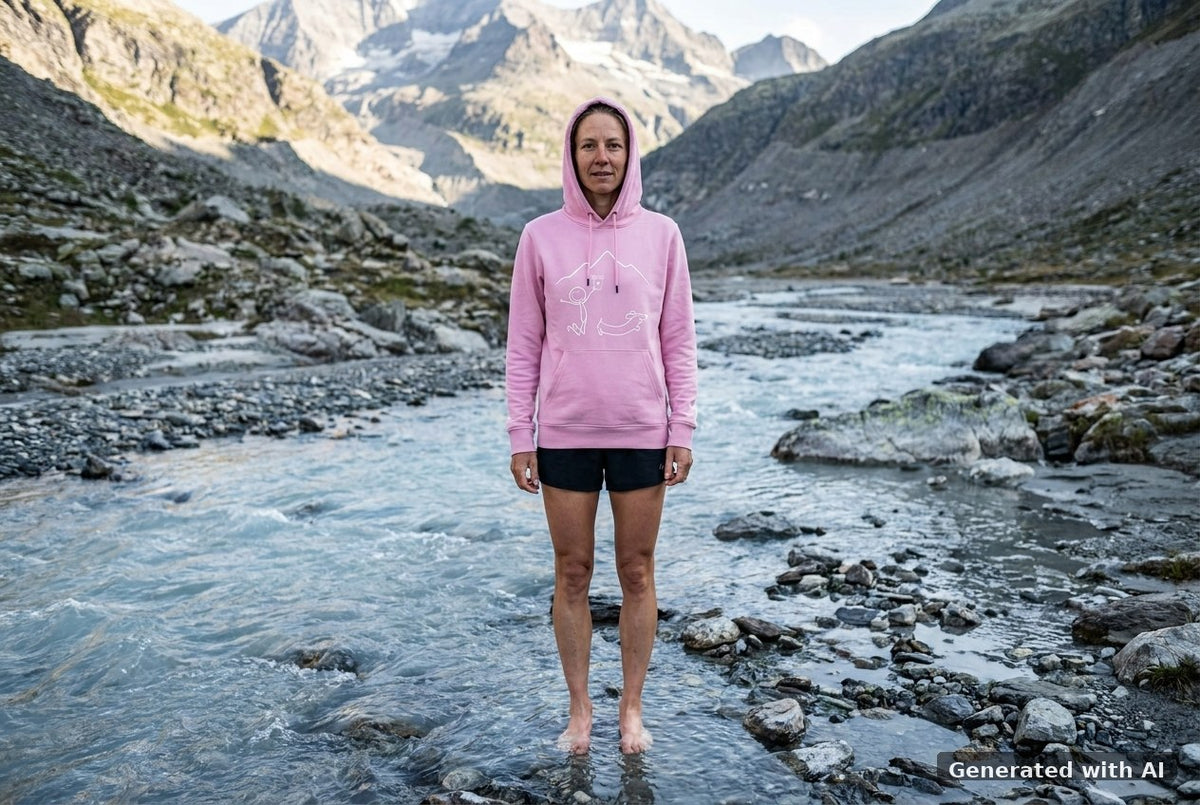 DOGS. COFFEE. RUNNING Hoodie – Organic Trail Running Hoodie (White Print) - Trail Mockup (Front) [Bubble Pink]