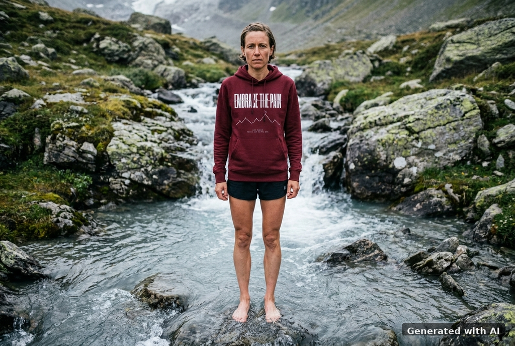 EMBRACE THE PAIN Hoodie – Organic Trail Running Hoodie (White Print) - Trail Mockup (Front) [Burgundy]