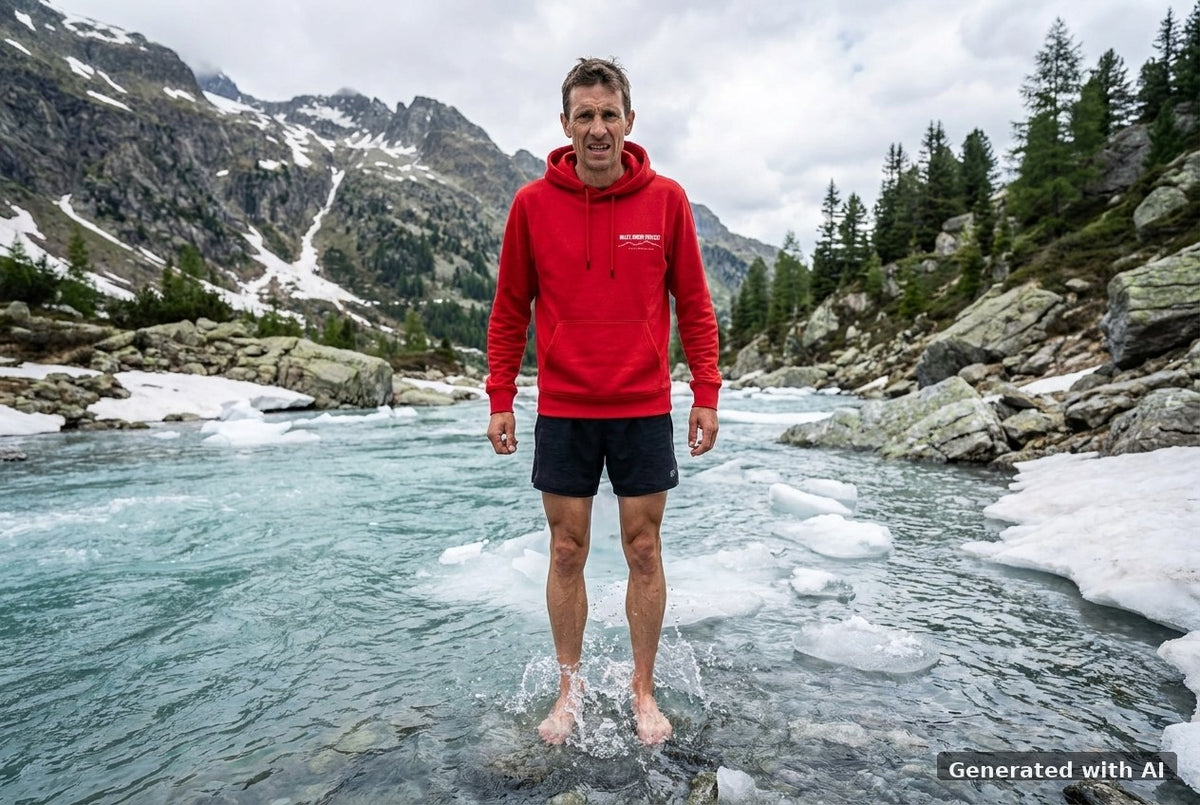 DOGS. COFFEE. RUNNING Hoodie – Organic Trail Running Hoodie (White Print) - Trail Mockup (Front) [Red]