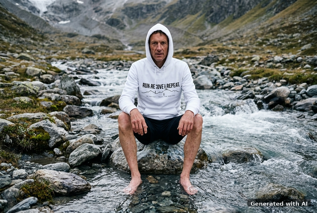 RUN RECOVER REPEAT Hoodie – Organic Trail Running Hoodie (Black Print) - Trail Mockup (Front) [White]