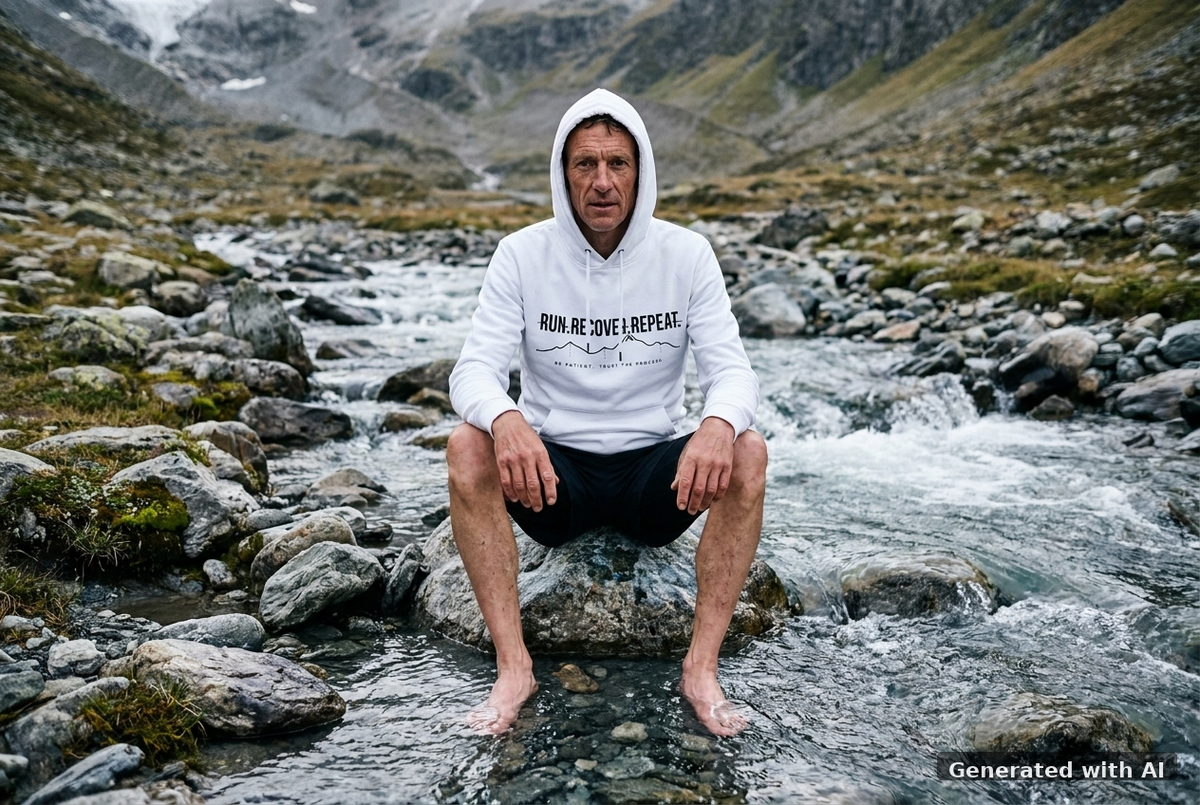 RUN RECOVER REPEAT Hoodie – Organic Trail Running Hoodie (Black Print) - Trail Mockup (Front) [White]