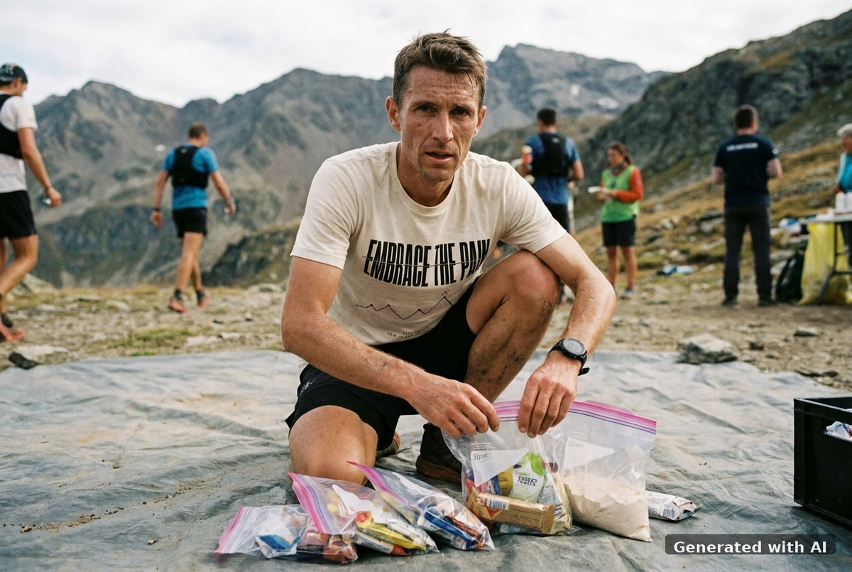 EMBRACE THE PAIN Tee – Organic Trail Running T-Shirt (Black Print) - Trail Mockup (Front) [Natural Raw]