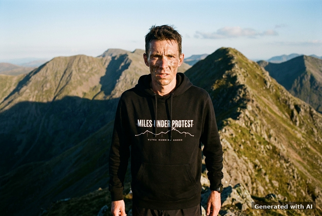 MILES UNDER PROTEST Organic Trail Running Hoodie – White Print - Trail Mockup (Front) [Black]