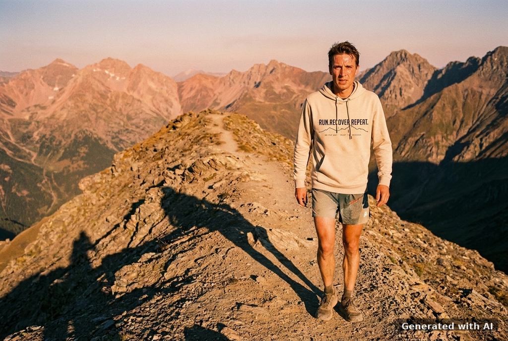 RUN RECOVER REPEAT Hoodie – Organic Trail Running Hoodie (Black Print) - Trail Mockup (Front) [Desert Dust]
