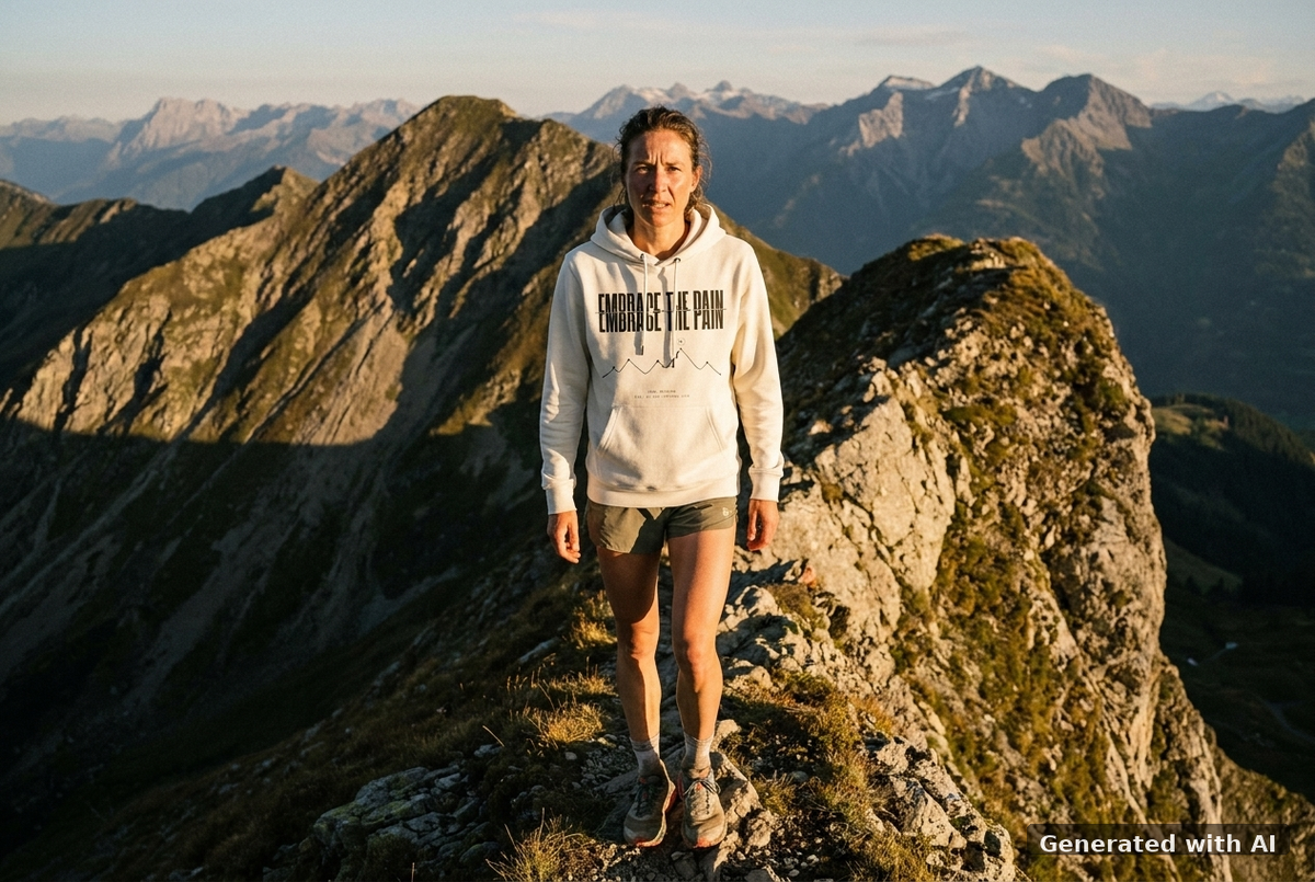 EMBRACE THE PAIN Hoodie – Organic Trail Running Hoodie (Black Print) - Trail Mockup (Front) [Off White]