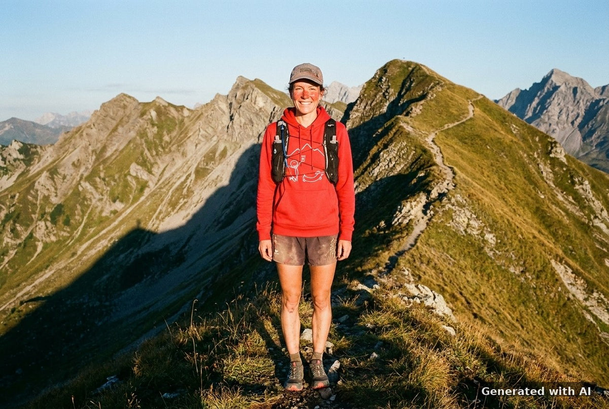 DOGS. COFFEE. RUNNING Hoodie – Organic Trail Running Hoodie (White Print) - Trail Mockup (Front) [Red]